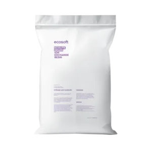 White bag of Ecosoft ion exchange resin with purple branding on a white background.