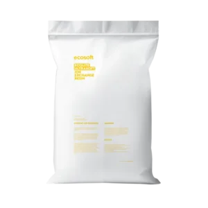 White packaging bag for Ecosoft ion exchange resin, with yellow logo text on the front.