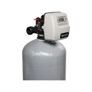 Gray cylindrical water softener tank with a beige digital control head on top, used to soften household water.
