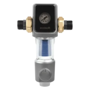 Ecosoft inline water filter valve with pressure gauge, blue filter cartridge, and on/off control knob.