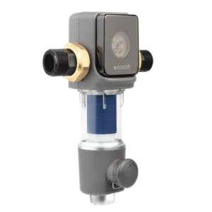 Water filtration valve with a pressure gauge and blue filter cartridge visible, gray housing and connectors