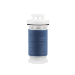 Blue sewing thread wound around a white plastic spool.