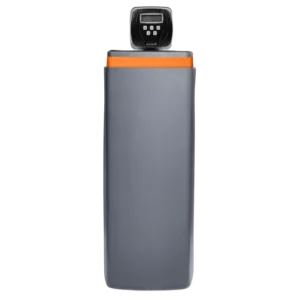 Tall gray water softener unit with an orange top and digital control panel on top, used for home water conditioning.