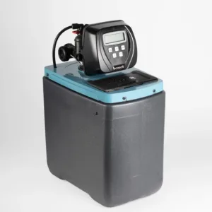 Water softener system with digital control panel on top of a blue housing and a gray tank.