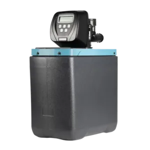 Home water softener system with a black digital control head mounted on top of a gray tank.