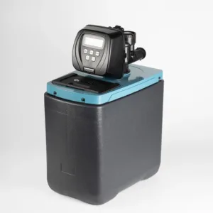 Water softener unit with a turquoise lid and a digital control panel on top atop a black tank.