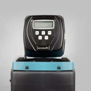 Digital level/inclinometer with LCD screen and control buttons mounted on a teal base.