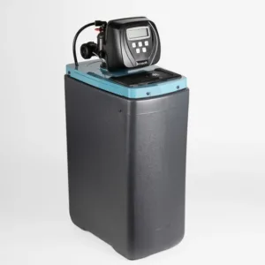 Tall black water softener with a blue lid and a digital control head mounted on top.