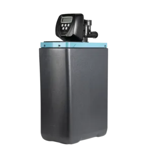 Residential water softener with a digital control head mounted on a tall black tank and blue connector plate on top