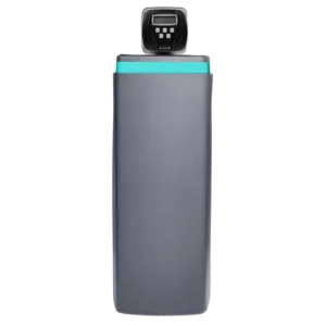 Tall gray water softener with a black digital control head on top and a turquoise accent band.