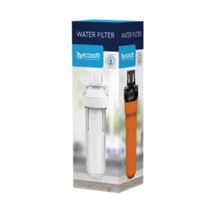 Boxed Ecosoft water filter product displaying two cylindrical cartridges, one white and one orange, on a blurred background.