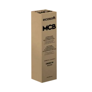 Tall brown cardboard box labeled ecosoft MCB, mineralizing carbon block replacement filter, Cross 90 balance.