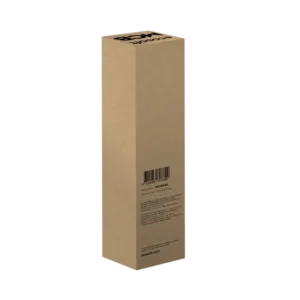 Tall brown cardboard shipping box standing upright with a barcode label on the side.