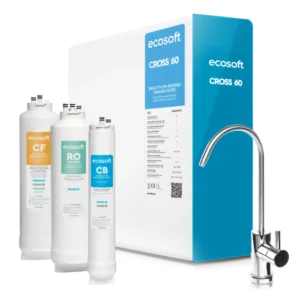 Ecosoft Cross 60 water filtration system with four filter cartridges and a chrome faucet on the right.