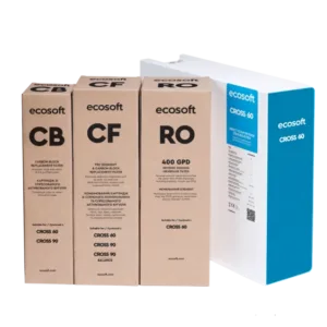 Ecosoft Cross 60 water filtration cartridges: boxes labeled CB, CF, and RO, with blue packaging on the side.