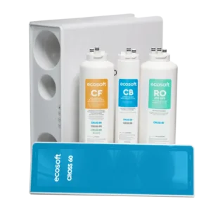 Water filtration system kit: white housing unit with three cartridges labeled CF, CB, and RO, plus a blue EcoSoft CROSS 60 panel.