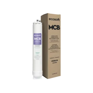 Cylindrical white water filter cartridge labeled 'ecosoft MCB' beside a tall brown box reading 'MCB' for mineralizing carbon block replacement filter.