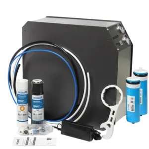 Comprehensive water filtration kit with filter housings, blue and white tubing, mounting bracket, and cartridges.