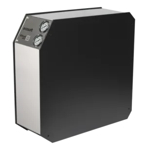 Industrial boiler with two circular pressure gauges on the front panel.