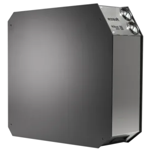 Industrial heating boiler with a dark gray metal exterior and two round pressure gauges on the top-right.