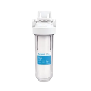White water filtration cartridge with a blue label, mounted for under-sink use, 6 bar rating and 1/2 inch fittings on a white housing.