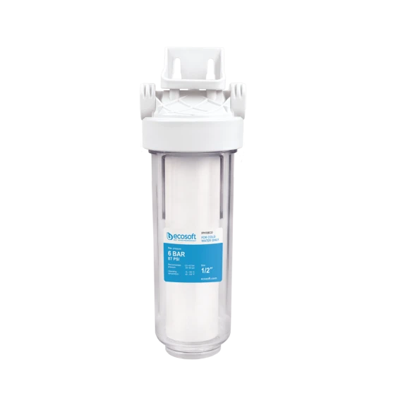 White water filtration cartridge with a blue label, mounted for under-sink use, 6 bar rating and 1/2 inch fittings on a white housing.