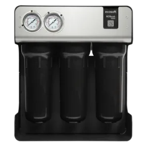Three-cartridge water filtration system with two pressure gauges on a stainless panel (brand EcoSoft Robust 1500).