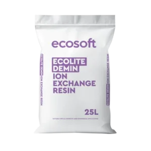White plastic bag labeled ecosoft Ecolite Demin Ion Exchange Resin, 25L, for domestic and commercial applications
