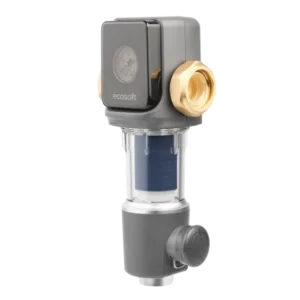 Water pressure regulator valve with built-in gauge and blue filter cartridge, brass inlet, and adjustment knob in gray tones.