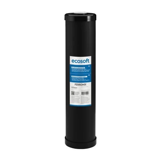 Tall black cylindrical water filter tank with ecosoft label and blue information panel on the side.