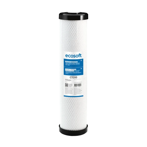 Cylindrical ecosoft water filter cartridge with white honeycomb exterior and blue label, standing upright with black end caps.