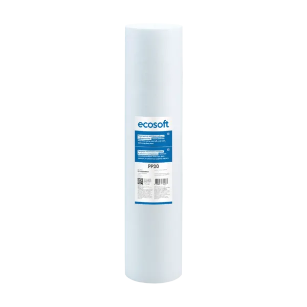 White cylindrical water filter cartridge with blue 'ecosoft' label visible against a black background, a PP20 model sediment filter.