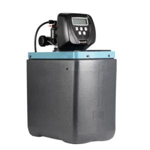 Residential water softener tank with a digital control head on top, used to remove minerals from water supply.