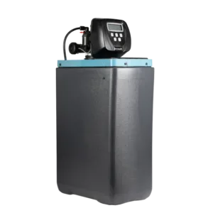 Residential water softener: black resin tank with a digital control head on top and hoses attached to the side.