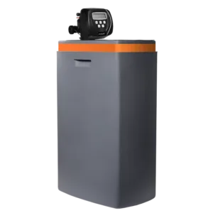 Residential boiler with orange trim and a digital control panel on top
