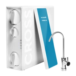Compact under-sink water filtration system with three dial controls and a chrome faucet attachment.