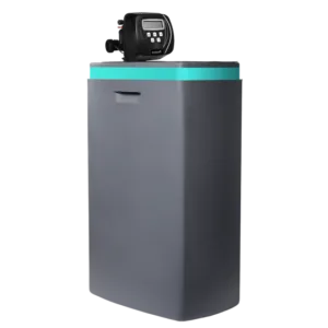 Residential water softener unit with a black control head on top and a gray cabinet.