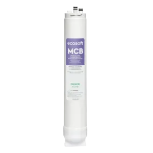 White water filter cartridge labeled ECOSOFT MCB with a purple mineral carbon block label for home water filtration